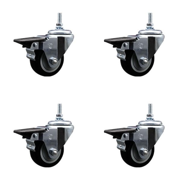 Service Caster 3 Inch Black Polyurethane 38 Inch Threaded Stem Caster Set with Brake SCC-TS20S314-PPUB-BLK-PLB-381615-4 - main